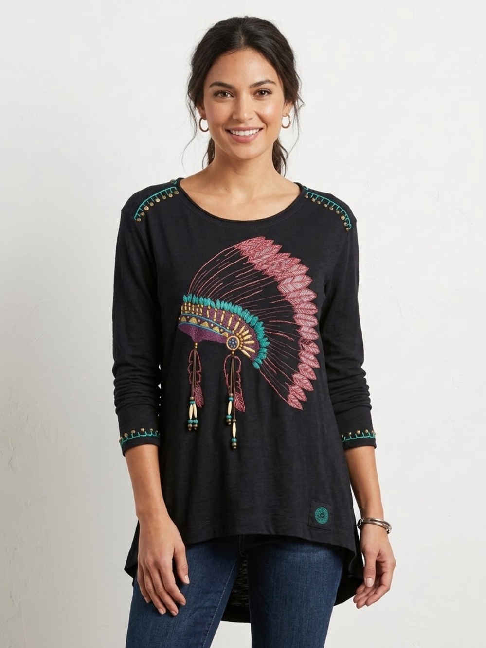 Double D Ranch Wild & Free Embellished Top L Black Beaded Western Boho Tunic